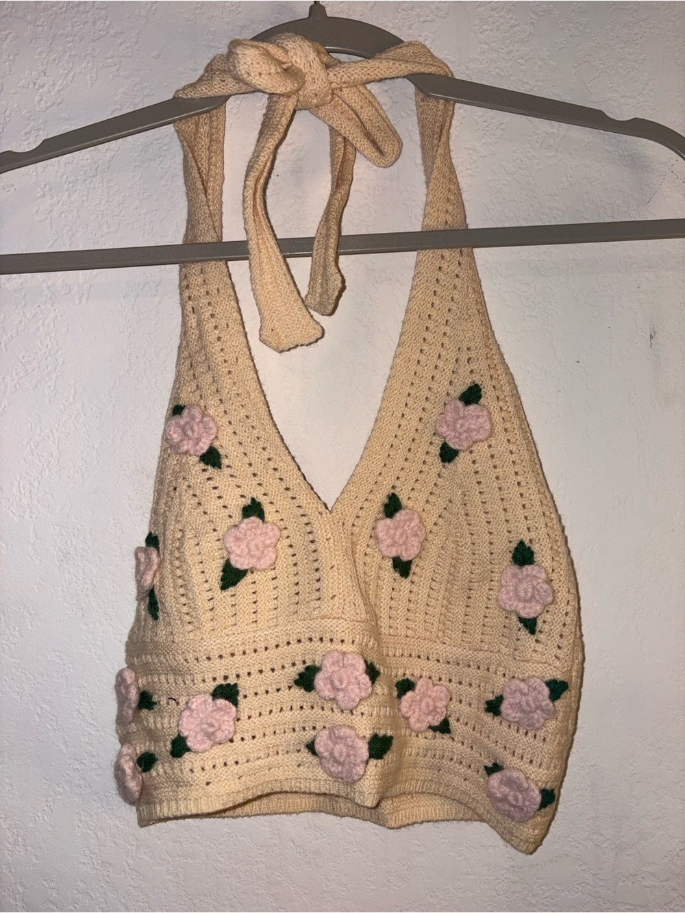 Handmade Crochet Halter Top with Pink Floral Appliqués - Cream